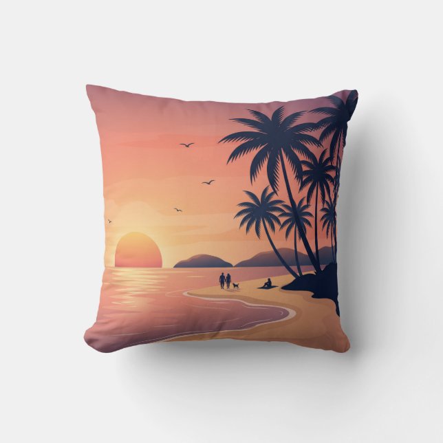Almofada Tropical Beach Sunset with Palm Trees Throw Pillow (Frente)