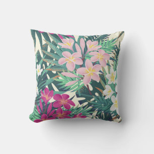 Almofada Tropical de Frangipani: Vintage branco-rosa.