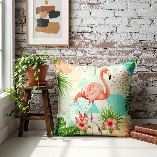 Almofada Tropical Flamingo Watercolor & Geometric Pattern (Criador carregado)