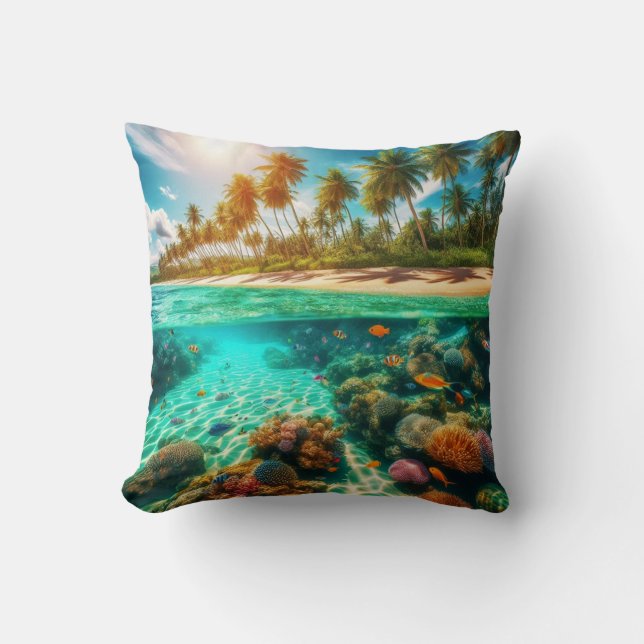 Almofada Tropical Island Underwater Beach Ocean Fish (Frente)