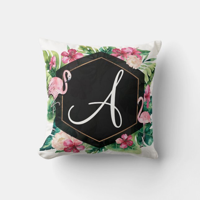 Almofada Tropical Leaves Hibiscus Flamingos Summer Chic (Frente)