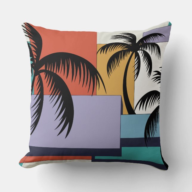 Almofada Tropical Palms on Geometric Sunset Background (Frente)