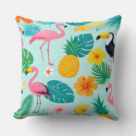 Almofada Tropical Paradise Pattern - Flamingos Hibiscus Mon