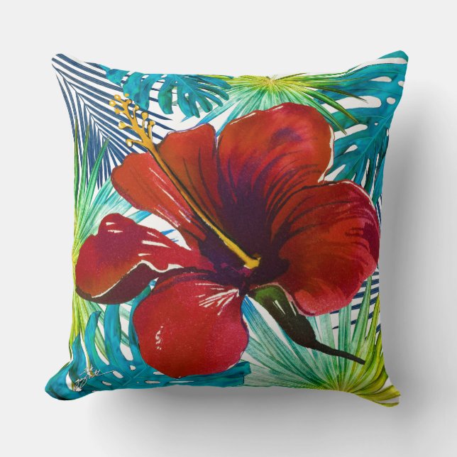 Almofada Tropical Red Hibiscus Floral Teal Greenery Beach (Frente)
