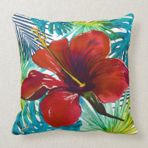 Tropical Red Hibiscus Floral Teal Greenery Beach