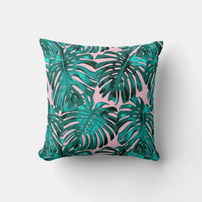 Almofada Tropical Turquoise Pink Monstera Jungle Leaves (Frente)