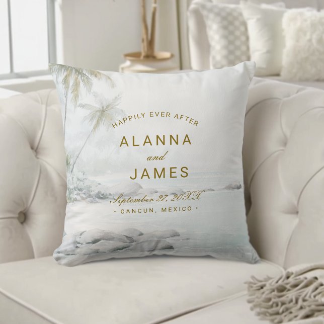 Almofada Tropical Watercolor Beach Wedding Keepsake Pillow  (Personalized beach wedding pillow with “Alanna and James” text on a cream tufted couch.)