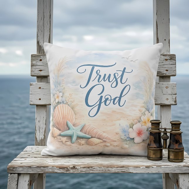 Almofada "Trust God" Coastal Beach Watercolor Christian (Criador carregado)