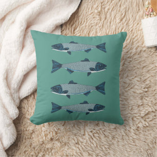 Almofada Truta de Arte Folclórica Azul/Salmão