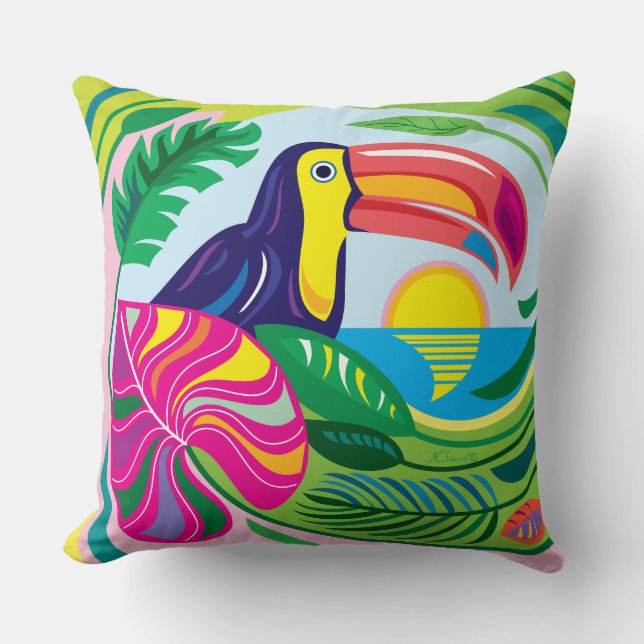 Almofada Tucano e Folhas Tropicais (Frente)
