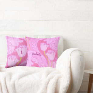 Almofada Tulipa Rosa bonito com Nome e Floral Inicial