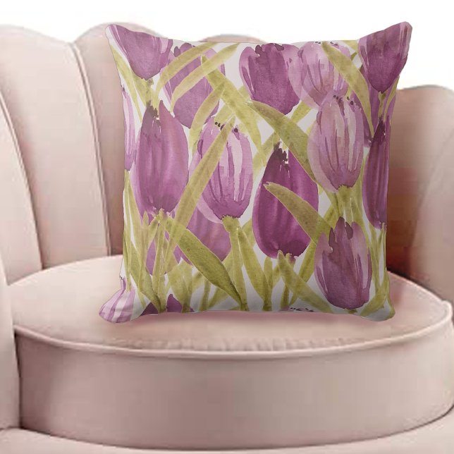 Almofada Tulipa Rosa Roxa Artística Aquarela (Criador carregado)