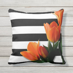 Almofada Tulipas alaranjadas & listras brancas pretas