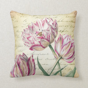 Almofada Tulipas cor-de-rosa do vintage e brancas botânica
