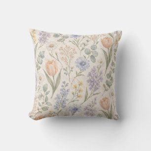 Almofada Tulipas Lilases Aquarela de Prado de Primavera com