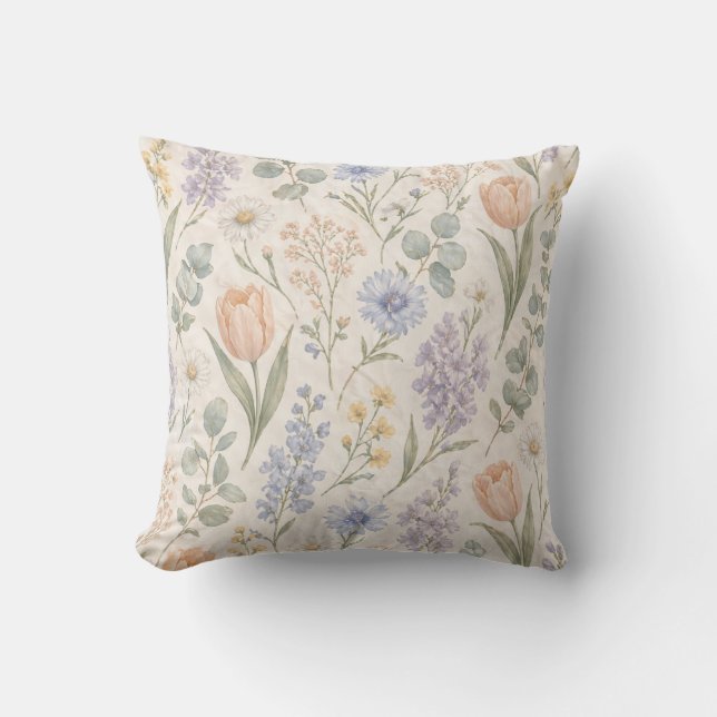 Almofada Tulipas Lilases Aquarela de Prado de Primavera com (Frente)