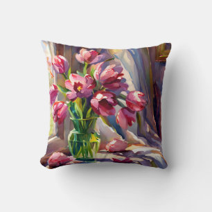 Almofada Tulipas Rosa em Vaso de Aquarela Rústica