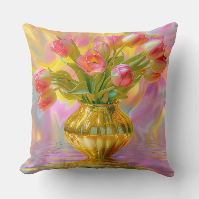 Almofada Tulipas Rosa Vibrantes em Vase Ouro (Frente)
