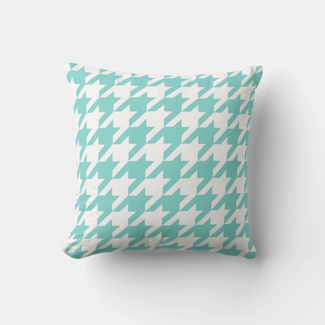 Almofada Turquesa/Aqua, Padrão Branco Grande de Houndstooth (Frente)