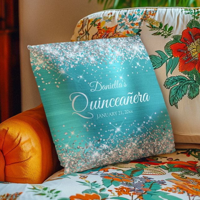 Almofada Turquesa Azul de Silver Glitter Quinceañera (Silver Glitter Turquoise Blue Quinceañera Throw Pillow)