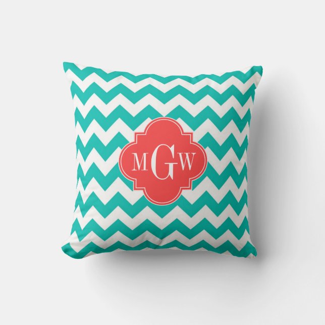 Almofada Turquesa Branco Chevron Coral Quatrefoil 3 Monogra (Frente)