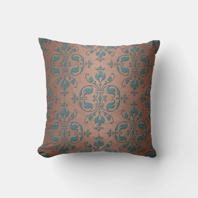 Almofada Turquesa Chique sobre Damasco de Cobre Marrom (Frente)