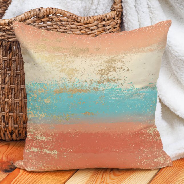 Almofada Turquesa Creme Coral Dourado Boho Costeiro (Turquoise Cream Coral Gold Boho Coastal Throw Pillow)