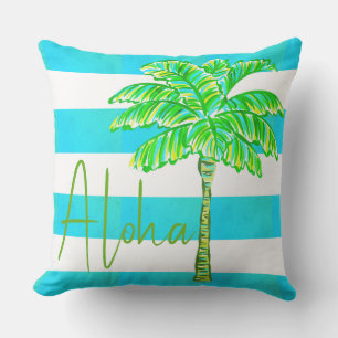 Almofada Turquesa e Árvore Palm de Stripe Branca Aloha