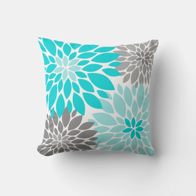 Almofada Turquesa e Cinzas Chrysanthemum Padrão Floral (Frente)