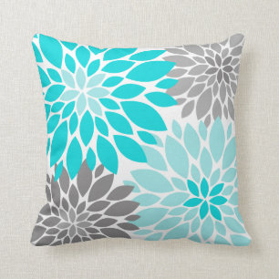 Almofada Turquesa e Cinzas Chrysanthemum Padrão Floral