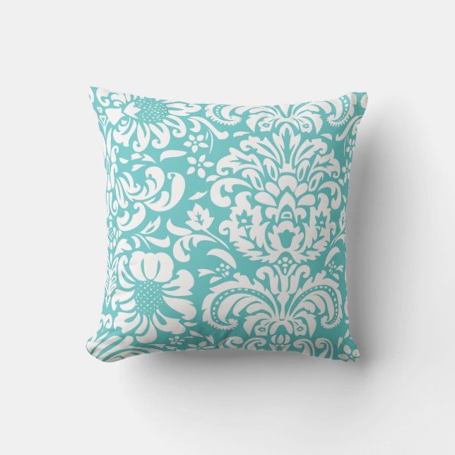 Almofada Turquesa e Damasco Floral Branco (Frente)