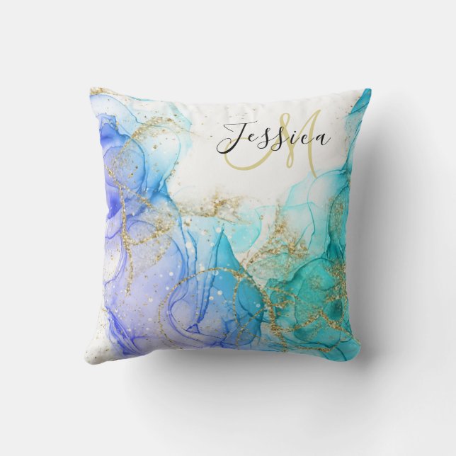 Almofada Turquesa e nome Dourado de álcool (Verso)
