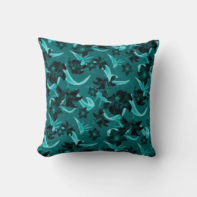 Almofada Turquesa e Teal Moderno Floral | Flores De Lily (Frente)