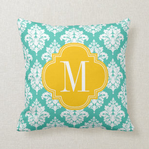 Almofada Turquesa elegante do damasco & Monogramm feito sob