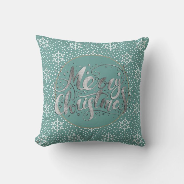 Almofada Turquesa Flocos de Neve Feliz Natal Prata (Frente)
