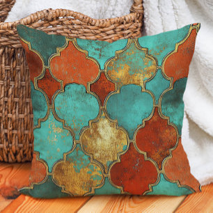 Almofada Turquesa Laranja Queimada Quatrefoil Marroquino