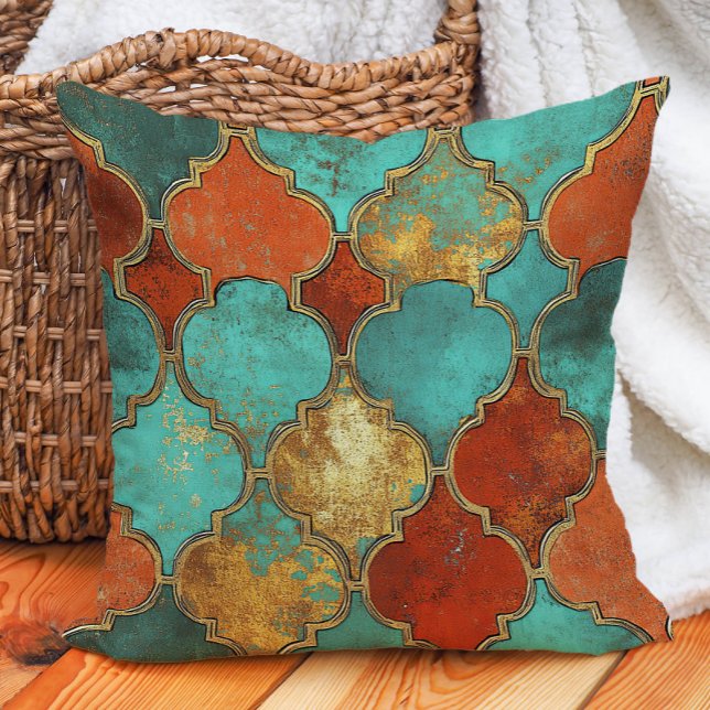 Almofada Turquesa Laranja Queimada Quatrefoil Marroquino (Turquoise and burnt orange pillow)