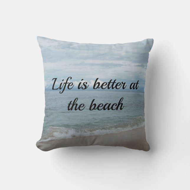 Almofada Turquesa oceano, praia arenosa com texto (Frente)