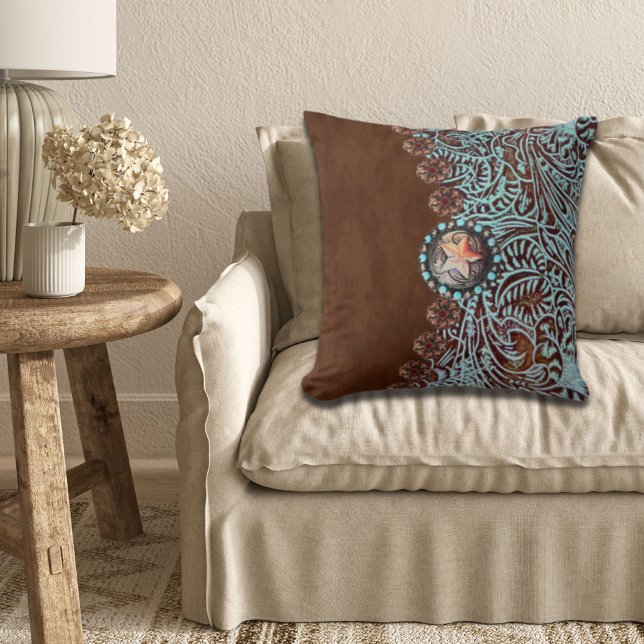 Almofada Turquesa russa marrom padrão do país ocidental (Rustic brown turquoise western country pattern throw pillow)