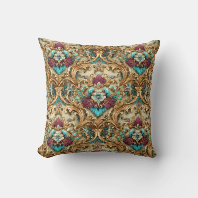 Almofada Turquoise & Gold Ornate Damask (Frente)
