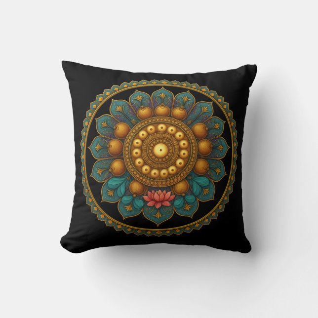 Almofada Turquoise Lotus Mandala - Reversible Black Boho (Frente)