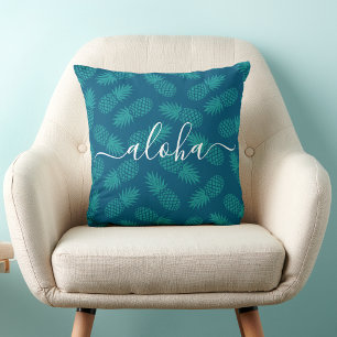 Almofada Turquoise Teal Aloha Script Pineapple Bold