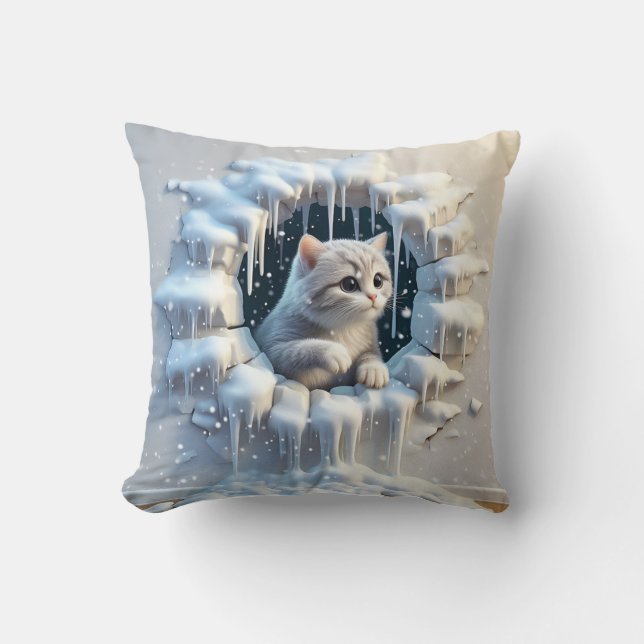 Almofada Um Gato Adorável num Escondido Neve (Frente)