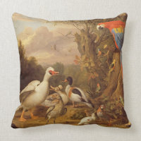 Uma arara, patos, papagaios e outras aves em terra