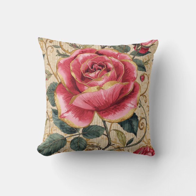 Almofada Uma Bela Rosa Cor-de-Rosa Chocante, Dourado, Luxuo (Frente)