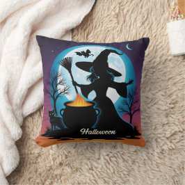 Almofada Uma bruxa cria magia sob uma lua de cheio