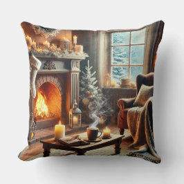 Almofada Uma cena de inverno confortável perto da lareira q