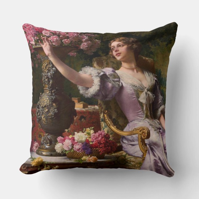 Almofada Uma Dama Em Um Vestido Lilac Com Flores (Frente)