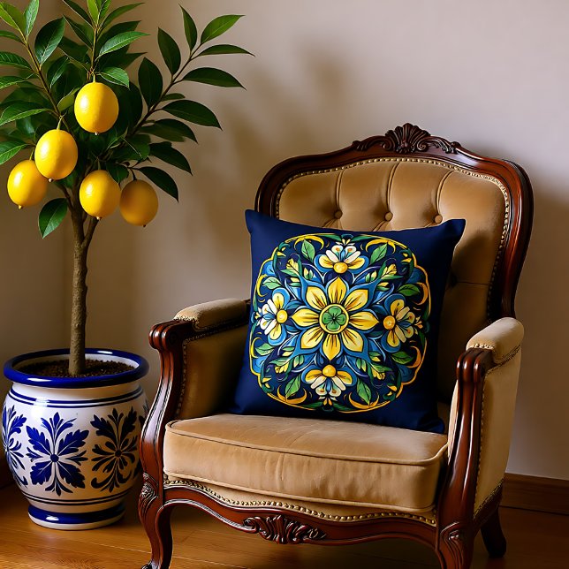 Almofada 💚 💙 💛 Uma Elegância Azulejo Única: Jardim da Me (A Unique Azulejo Elegance Midnight Garden Throw Pillow)