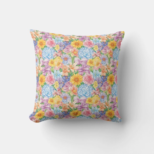Almofada Uma ilustração vibrante e detalhada de várias flor (Frente)
